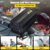 A modified sine wave inverter is shown in the foreground, with a blurred background depicting people outdoors. Below the inverter are three smaller images showing its use in outdoor, working, and office environments. Produktbild-Vorschau