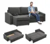 A man is sitting on a gray sectional sofa with a laptop, and there are two inset images showing the sofa as a bed and with storage open. Produktbild-Vorschau
