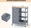 A kitchen cart with dimensions and a separate crate with dimensions. Voir les images du produit