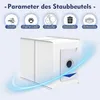 A vacuum cleaner dust bag with icons indicating its capabilities. Produktbild-Vorschau