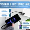 A hand holding a smartphone that is connected to a power bank, with other devices and charging information displayed. Produktbild-Vorschau