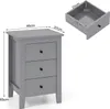 A grey nightstand with three drawers and a separate illustration of an open drawer showing dimensions. Podgląd zdjęcia produktu