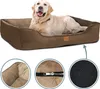 A golden retriever dog lying in a brown dog bed. The image also shows close-ups of the bed's interior, zipper, and fabric texture. Produktbild-Vorschau