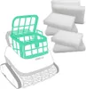 A pool robot with a green filter basket and a stack of white filter pads. Produktbild-Vorschau