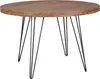 A round wooden table with black metal hairpin legs, shown against a white background. Produktbild-Vorschau