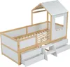 A white and natural wood children's bed with a house-like roof structure, window, and integrated drawers and steps. Podgląd zdjęcia produktu