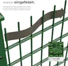 A close-up view of a green fence with a dark gray privacy strip being threaded through it. A small inset image shows a close-up of the privacy strip with a leaf pattern. Text overlays provide product information. Produktbild-Vorschau