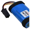 A close-up of a blue battery pack with a black connector and wires. Produktbild-Vorschau