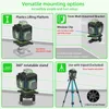 The image displays various mounting options for a laser level tool, including a lifting platform, wall bracket, rotatable stand, and tripod. Podgląd zdjęcia produktu