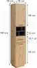 A tall, narrow cabinet with wooden doors and gray shelving, shown with dimensions indicated by text and lines. Náhled obrázku produktu