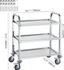 A 3-tier stainless steel utility cart with dimensions indicated. Voir les images du produit