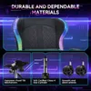 A gaming chair with LED lighting and close-ups of its components. Produktbild-Vorschau