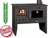 A black wood-burning stove with a glass oven door and a stovetop. Produktbild-Vorschau