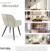 A collage showcasing a beige armchair in different room settings: dining room, living room, kitchen, and bedroom. Produktbild-Vorschau