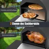 A split image showing a pizza oven in use with pizzas and a roasted chicken. Produktbild-Vorschau