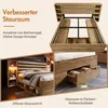 Collage of images showing a wooden bed frame with storage features, including shelves and drawers, and close-ups of the storage compartments. Náhled obrázku produktu