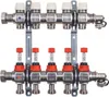 A plumbing manifold with multiple outlets, mounted on a wall bracket. Produktbild-Vorschau