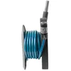 A side view of a blue hose coiled on a gray reel with a black handle and a gray nozzle. Produktbild-Vorschau