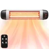 A wall-mounted infrared heater emitting heat, with a remote control shown below. Náhľad obrázku produktu