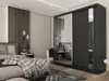 A bedroom scene featuring a large black wardrobe with mirrored doors, a bed with a plaid blanket, and bedside tables. Produktbild-Vorschau