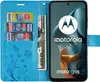 A blue flip case for a Motorola Moto G05 phone, showing credit cards and cash inside. Produktbild-Vorschau