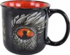 A close-up of a black ceramic mug with a dragon eye design and a red interior. Produktbild-Vorschau