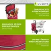 A collage of images showcasing a red shopping trolley with various features and text descriptions. Podgląd zdjęcia produktu