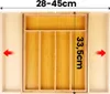 An expandable bamboo cutlery organizer shown in a drawer with dimensions indicated. Náhľad obrázku produktu