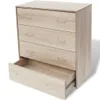 A light brown, four-drawer dresser with one drawer pulled out, set against a white background. Podgląd zdjęcia produktu