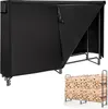 A black cover for a firewood rack is shown, with a portion of the rack and firewood visible underneath. A separate image of a firewood rack filled with wood is shown in the lower right corner. Podgląd zdjęcia produktu