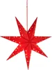 A red, star-shaped paper lantern with small yellow stars printed on it, hanging from a red string against a white background. Podgląd zdjęcia produktu