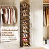 A tall, narrow shoe rack filled with shoes is placed in a closet next to hanging clothes. Text overlays describe the product. Produktbild-Vorschau