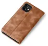 A brown leather flip case for an iPhone is shown on a white background. Produktbild-Vorschau
