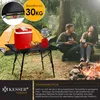 A couple enjoying a camping trip with a table set up with a cooler, stove, and food. Produktbild-Vorschau