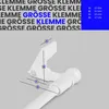 A diagram showing measurements of a white clamp and rod. Voir les images du produit