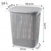 A grey laundry basket with a lid, shown with dimensions indicated by text and arrows. Produktbild-Vorschau