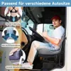 Graues Autositzkissen in einem LKW, mit einem Mann, der den Daumen hochhält, und Vorteilen für Ischias, Bein- und Hüftstütze sowie Haltung Náhľad obrázku produktu