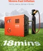 A VEVOR PCP air compressor and tank are shown on a grassy field with mountains in the background. Text highlights fast inflation. Podgląd zdjęcia produktu