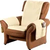 A brown leather armchair with cream-colored fleece seat and back covers, and armrest covers with pockets. Produktbild-Vorschau