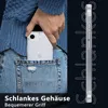 A person is putting a clear phone case with a phone inside into their jeans pocket. The side of the phone case is shown with text overlay. Podgląd zdjęcia produktu