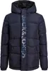 A navy blue puffer jacket with a hood and the brand name "JACK & JONES" printed vertically on the front. Produktbild-Vorschau