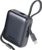 A dark gray VOOMY power bank with integrated USB-C and Lightning cables, shown against a white background. Produktbild-Vorschau