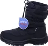 A black winter boot is shown from the side against a white background. A blue tag with 'WATER PROOF' written on it is attached to the boot. Anteprima dell’immagine prodotto