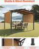 A patio pergola with a retractable canopy set up in a grassy yard with a lake and hills in the background. There are also three close-up shots of the product's construction. Náhled obrázku produktu