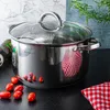 A stainless steel pot with a glass lid sits on a black countertop, surrounded by cherry tomatoes and a red and white checkered cloth. Voir les images du produit