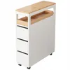 A slim, white rolling cabinet with wooden accents and three drawers, shown against a white background. Produktbild-Vorschau