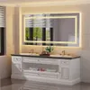 A modern bathroom vanity with a large LED-lit mirror. Produktbild-Vorschau
