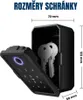 A black smart key box with its door open, revealing two keys inside. Dimensions are indicated with text and lines. Náhled obrázku produktu