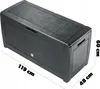A black plastic storage box with dimensions indicated by text overlays. Produktbild-Vorschau
