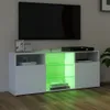 A white TV stand with green LED lighting, displaying a television and media console. Anteprima dell’immagine prodotto